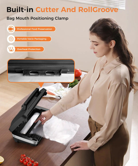 Woman using Powerful Vacuum Sealer Machine For Home And Pro Kitchens 95kPa Seal Power 10-In-1 System on countertop with built-in cutter.