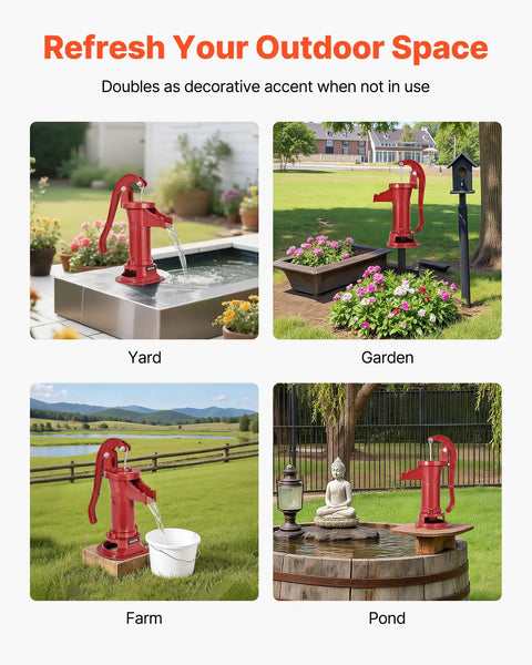 Image of Old School Cast Iron Hand Pitcher Water Pump For Garden And Pond with 1-1/4 inch connection, placed in yard, garden, farm, and pond.