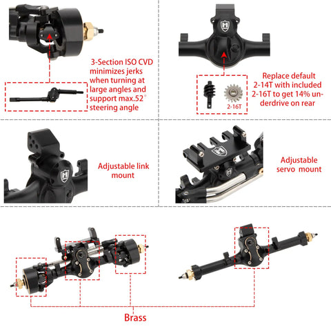 Collage of Beefed Up 5mm ISO V2 SCX24 Axles With 3 Section CVD For Axial 1/24 RC Crawler Black showing details and features.