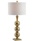 Brass Gold Stacked Orb LED Table Lamp 33 Inch Tall With White Linen Drum Shade shown on white background