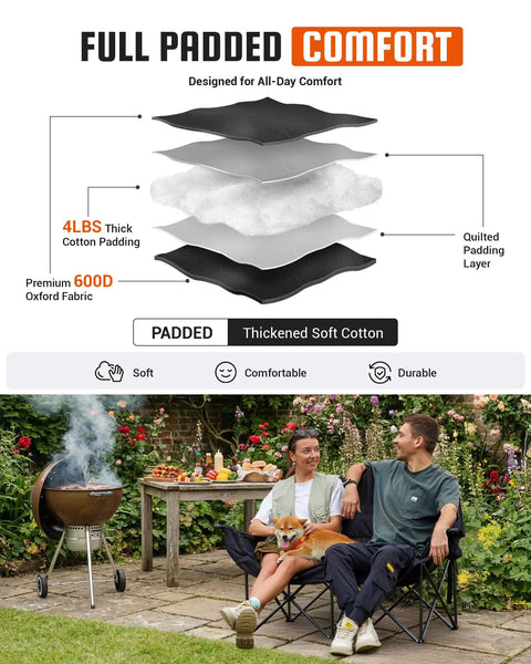 Two Person Camping Chair Oversized and Comfortable Heavy Duty 660 Lb Capacity Portable Folding Two Seat Couch in use outdoors