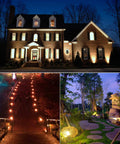 2 Pack Low Voltage LED Landscape Spotlight Set 12V 5W 450 Lumen Warm White Cast Aluminum Outdoor Lights illuminating house and path