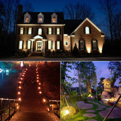 2 Pack Low Voltage LED Landscape Spotlight Set 12V 5W 450 Lumen Warm White Cast Aluminum Outdoor Lights illuminating house and path