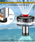 Floating Pond Fountain Aerator 1HP 15000 GPH With stainless steel body and copper motor, releases water into pond.