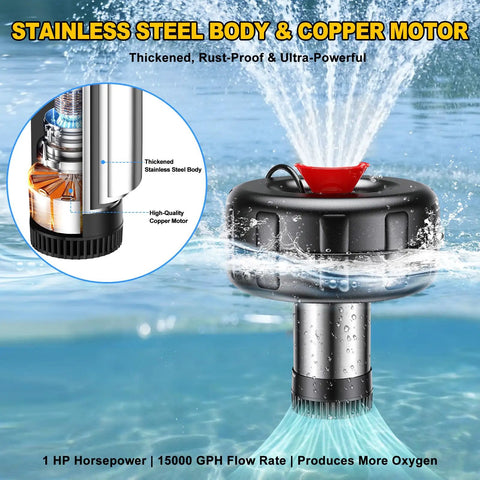 Floating Pond Fountain Aerator 1HP 15000 GPH With stainless steel body and copper motor, releases water into pond.