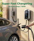 No Sweat Garage Upgrade Heavy Duty Level 2 Electric Charger Crushing Charge Times With Blazing 50 Amp 12Kw 240V Hardwired Power For Your Electric Vehicle Featuring Flexible Amp Control Gray connected to an electric vehicle.