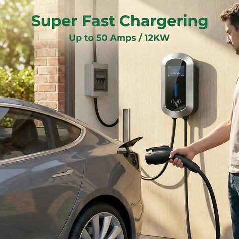 No Sweat Garage Upgrade Heavy Duty Level 2 Electric Charger Crushing Charge Times With Blazing 50 Amp 12Kw 240V Hardwired Power For Your Electric Vehicle Featuring Flexible Amp Control Gray connected to an electric vehicle.