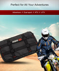 Off Road Motorcycle And Powersports Tool Pack With Magnetic Strip And Zipper Pocket Compact 10.5 Inch By 7 Inch By 1.5 Inch Storage Case featured on desert background with motorcyclist in protective gear.