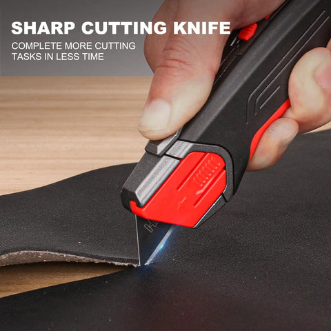 Heavy Duty Self Retracting Utility Knife With 4 SK2H Blades, Safety Box Cutter, Rugged Aluminum Alloy Body, Non Slip TPR Grip, Unique Blade Compartment, HT0414 Model For Pros On The Job Pro Grade, cutting cardboard