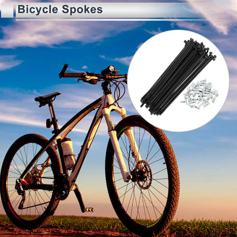 Universal Bicycle Spokes Set 12G 123mm Length With Nipples, bike under sunset, black carbon steel, 36 spokes and nipples for wheel repair