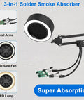 3 In 1 Solder Fume Extractor with 26 Inch Adjustable Arm featuring ESD-safe fan and LED lamp for DIY repairs