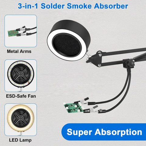 3 In 1 Solder Fume Extractor with 26 Inch Adjustable Arm featuring ESD-safe fan and LED lamp for DIY repairs