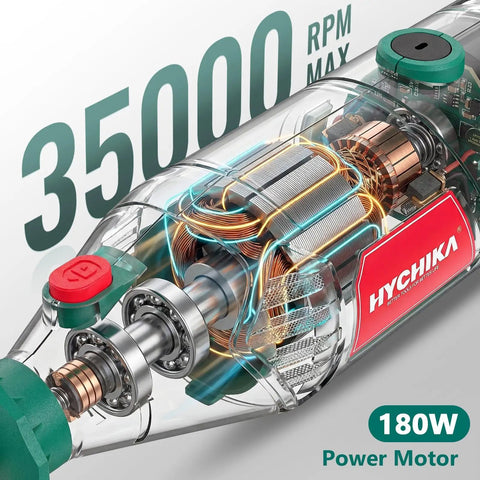 Heavy Duty 8000 To 35000 Rpm Rotary Tool Kit features a transparent design showing the 180W power motor's internal components.