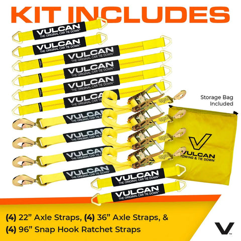 Image shows Complete Axle Strap Tie Down Kit With Snap Hook Ratchet Straps In Classic Yellow including straps and storage bag.
