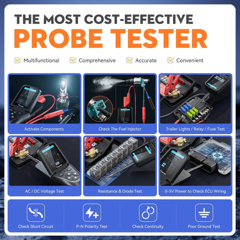 All In One Automotive Power Circuit Tester Kit 9 To 30V For Cars And Trucks, showing features like tester screen, probes, and connectors