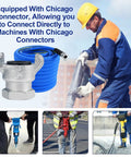 Built Like A Tank Heavy Duty Compressor Air Hose Measuring Three Quarters Inch By One Hundred Feet With Chicago Quick Connect Fittings and braided core being used with pneumatic tools.