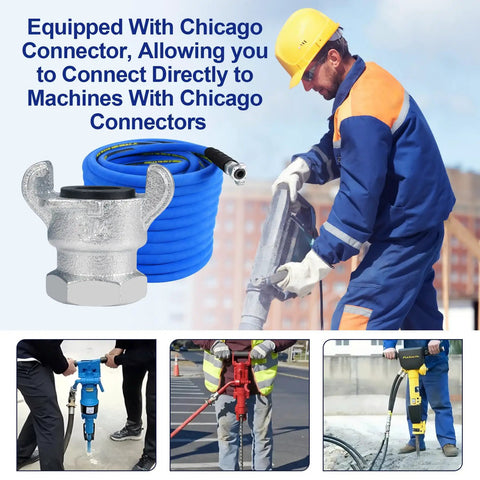 Built Like A Tank Heavy Duty Compressor Air Hose Measuring Three Quarters Inch By One Hundred Feet With Chicago Quick Connect Fittings and braided core being used with pneumatic tools.