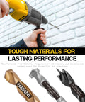 Hi-Spec drill bit set with three bits (HSS, tungsten-carbide tipped, carbon steel) and cordless drill against brick wall.