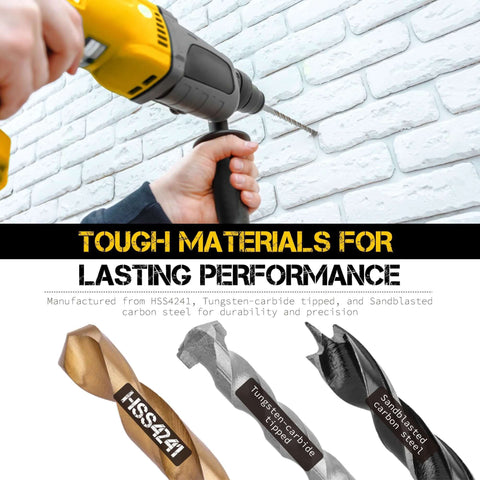 Hi-Spec drill bit set with three bits (HSS, tungsten-carbide tipped, carbon steel) and cordless drill against brick wall.