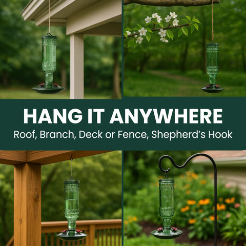 Glass Bottle Hummingbird Feeder With Antique Green Finish, Four Flower Ports And Perches, 10 Fl Oz Nectar Capacity, hanging in garden