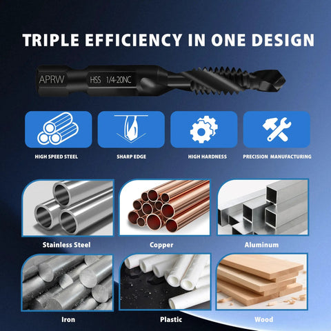 Combo Drill Bit And Tap Set For Quick Threading, showing design benefits, materials, and applications like steel and aluminum.