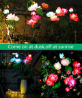 Solar Lotus Flower Lights 4 Pack for garden and patio decor with 7 color changing lamps and larger solar panel at night.