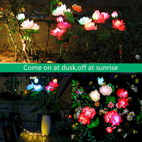 Solar Lotus Flower Lights 4 Pack for garden and patio decor with 7 color changing lamps and larger solar panel at night.