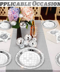 Disco Ball Party Supplies Kit 121 Pcs Silver Disposable Plates Napkins Cups Mini Disco Balls And Table Runner on display