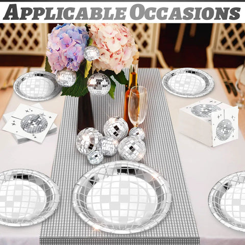 Disco Ball Party Supplies Kit 121 Pcs Silver Disposable Plates Napkins Cups Mini Disco Balls And Table Runner on display