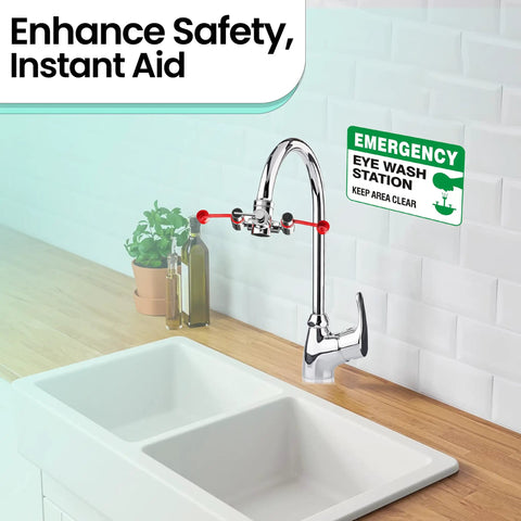 Industrial Faucet Mount Eyewash Station With Universal Sink Adapters And Continuous Flow Emergency Eye Flusher For Workplace Safety Compliance Heavy Duty Rock Solid Top Tier 2 Pack mounted on faucet with safety sign