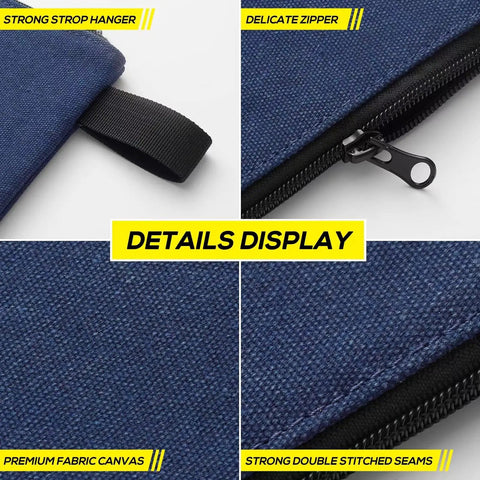 Details of 4 Pack Canvas Tool Pouches With Zippers, showcasing blue fabric, smooth-glide zipper, and durable double-stitched seams.