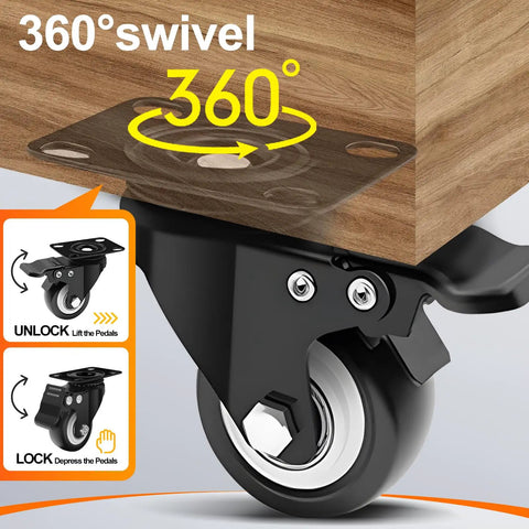 2 Inch Heavy Duty Plate Casters With Brakes, 4 Pack, 600 Lb Capacity, 360 Degree Quiet Swivel Wheels, Polyurethane PU