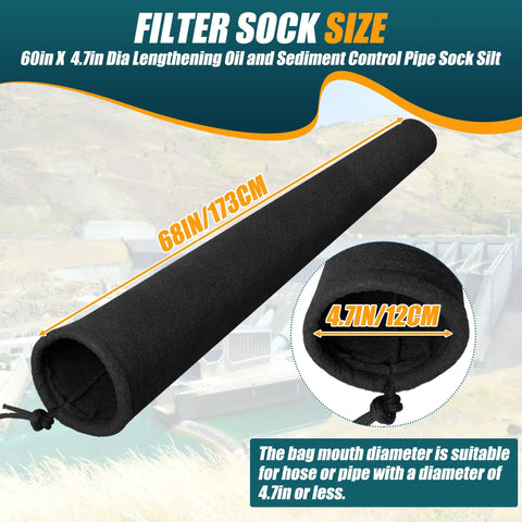 68 Inch Long Sediment Filter Sock With Drawstring Lengthening Design For Oil And Contaminant Dewatering, shown in landscape