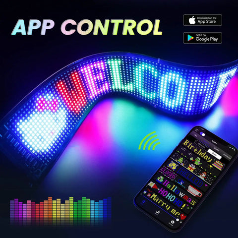 Scrolling Bright Advertising LED Sign With Flexible USB 5V Power Bluetooth App Control Custom Text And Animation Patterns Programmable Display For Store Bar Hotel And Car 27 Inch By 5 Inch showing multicolor 'Welcome' text and smartphone app control interface.