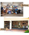 Rock Solid Heavy Duty Ladder Hook Wall Mount, Black Carbon Steel Garage Storage Hanger, organized garage before and after.