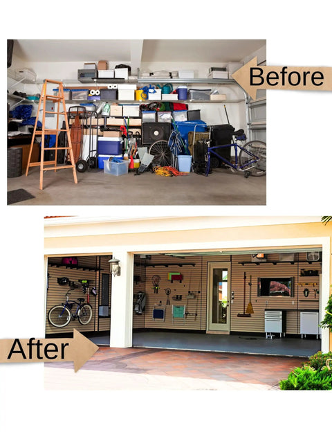 Rock Solid Heavy Duty Ladder Hook Wall Mount, Black Carbon Steel Garage Storage Hanger, organized garage before and after.