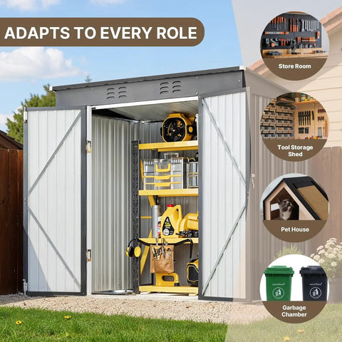 Large Capacity 6 Foot By 4 Foot Outdoor Storage Shed With Double Lockable Doors used as tool storage in backyard