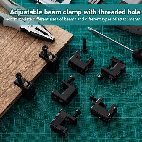 100 Piece Pro Grade Heavy Duty Beam Clamps Kit For 1/4-20 Threaded Rods Bolt On Spring Steel Hangers with adjustable clamps on table