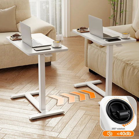 Total Game Changer Over Bed Table With Smooth Rolling Casters And No Sweat Pneumatic Height Adjustment Super Spacious Work Surface for cozy lounge, showcasing adjustable wheels and spacious surface.