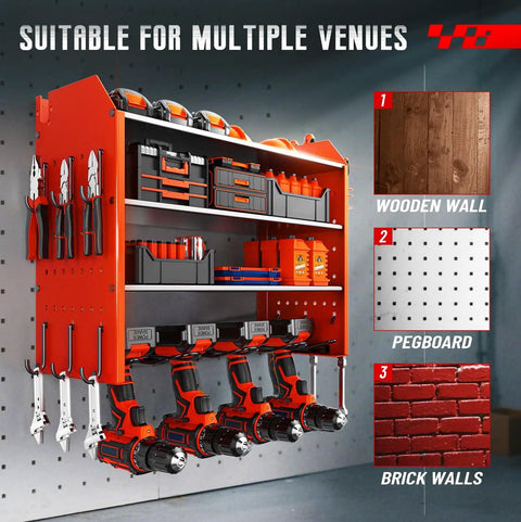 Red Wall Mounted Power Tool Organizer With Four Cordless Tool Holders And Side Hooks For Hammer Pliers And Drill Bits Garage Wall Storage To Keep Your Workspace Tidy And Ready For Quick Projects