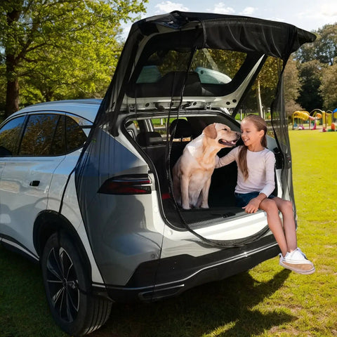 Tailgate Mesh Screen For SUV And Minivan, No-See-Ums Mosquito Prevention, child and dog sitting at SUV with open tailgate