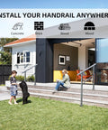 Children and dog by Rock Solid Two Step Handrails for Outdoor Stairs on a deck, showcasing easy installation on wood and grass.