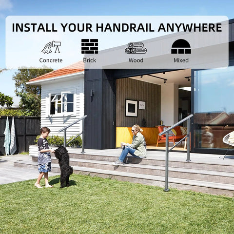 Children and dog by Rock Solid Two Step Handrails for Outdoor Stairs on a deck, showcasing easy installation on wood and grass.