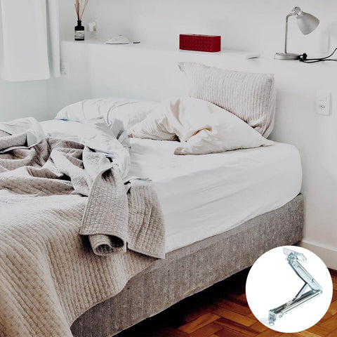 Adjustable Folding Lift Up Hinge For Massage Tables And Sofa Beds With Heavy Duty Drop Down Lid Support Bracket displayed with a bed