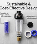 Desiccant Air Dryer System For Pneumatic Tools And HVLP Spray Guns, removes oil, water, and moisture; parts displayed on concrete surface.