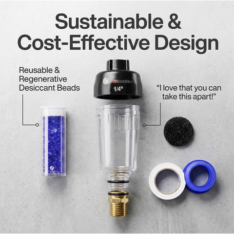 Desiccant Air Dryer System For Pneumatic Tools And HVLP Spray Guns, removes oil, water, and moisture; parts displayed on concrete surface.