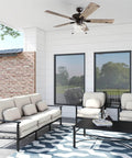 Abner Modern Farmhouse 52 Inch Ceiling Fan With Light in outdoor porch, five-blade bronze finish, stylish seating area
