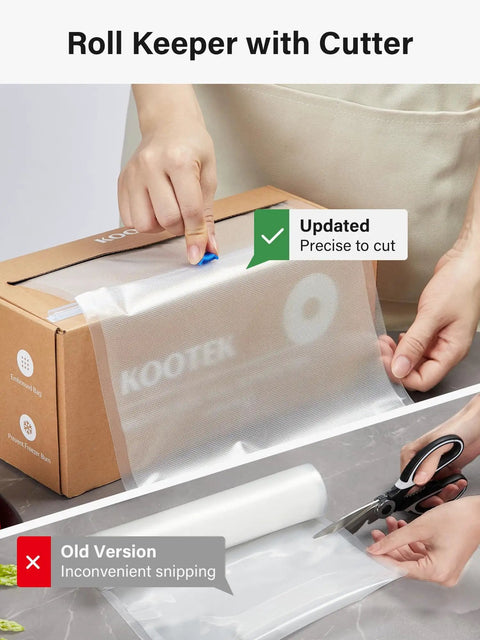 Person using 11 Inch By 150 Foot Vacuum Sealer Bags Roll With Cutter Dispenser, BPA Free Commercial Grade Food Storage Bags For Meal Prep.