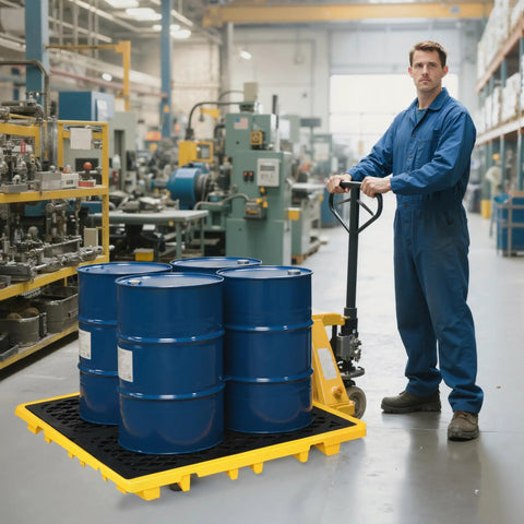 Worker with drum trolley beside Spill Containment Tray With Drain, Heavy Duty 51x51x6 Inch Platform holding four blue drums in warehouse