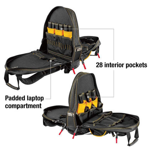 18-Inch Pro Tool Backpack With 32 Pockets For Gear Storage, Heavy-Duty 1680D Water-Resistant Polyester, open to show interior compartments.